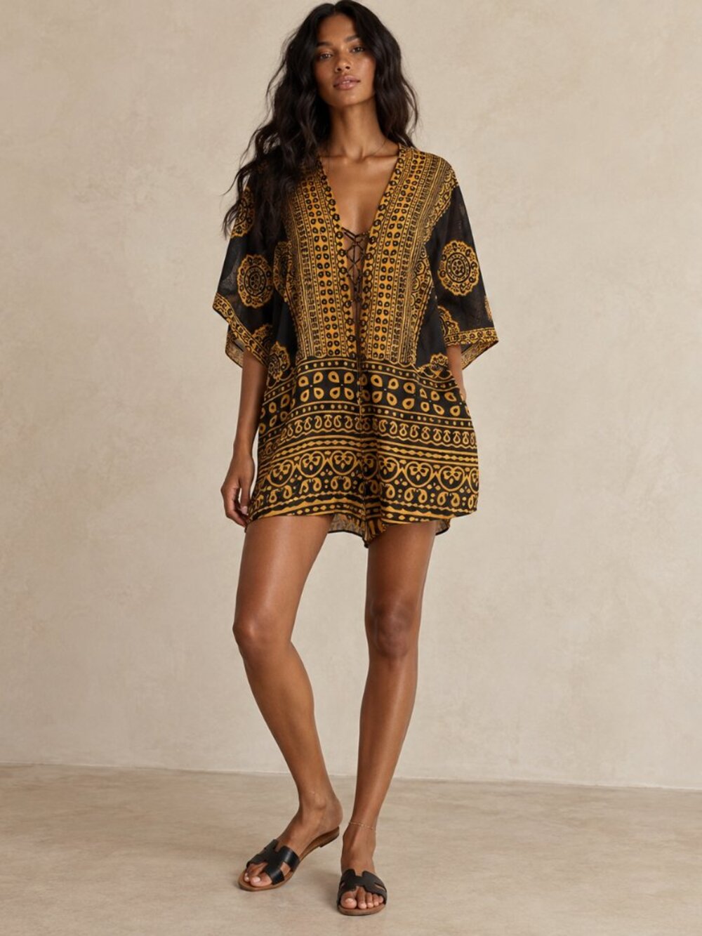 NWOT Free People Intimately Easy Day Romper Black Gold Dashiki Print XS